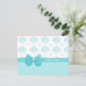 Aqua Damask mit Polka Dots Danke Postkarte (Stehend Vorderseite)