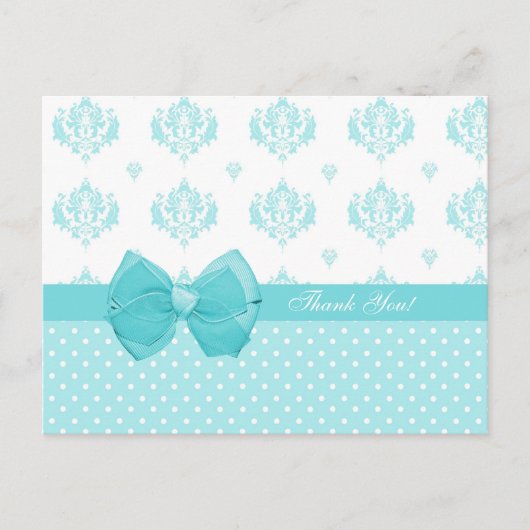 Aqua Damask mit Polka Dots Danke Postkarte (Vorderseite)
