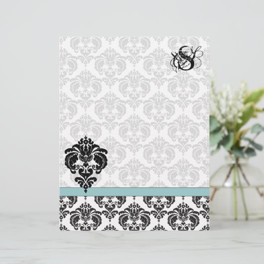 Aqua Damask Monogram Letterhead (Stehend Vorderseite)