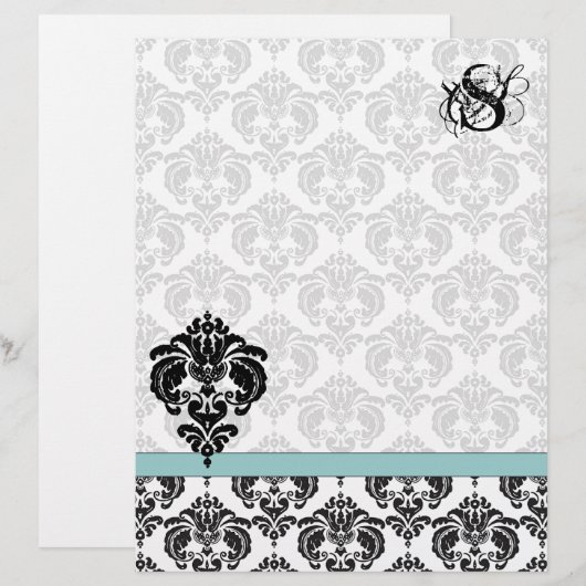 Aqua Damask Monogram Letterhead (Vorne/Hinten)