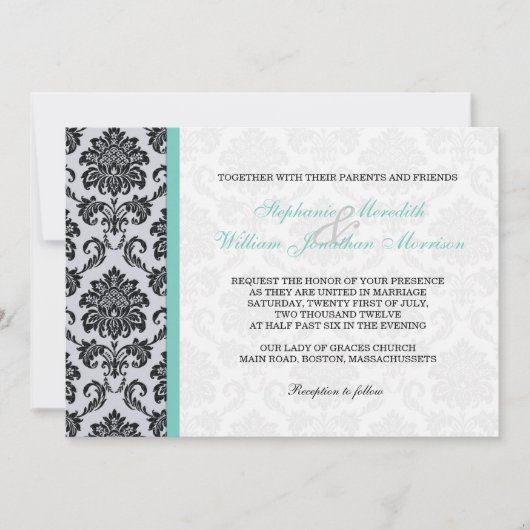 Aqua Damask Monogram Wedding Einladung (Vorderseite)