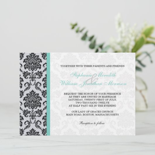 Aqua Damask Monogram Wedding Einladung (Stehend Vorderseite)