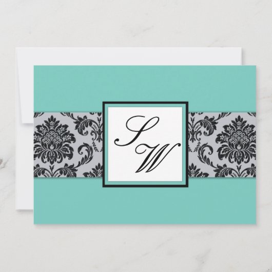 Aqua Damask Monogram Wedding Einladung (Rückseite)