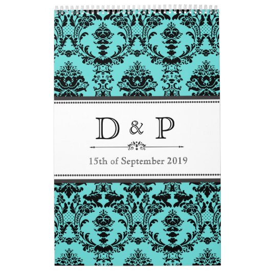 Aqua Damask Monogram Wedding Sign Photo Guestbook Kalender (Titelbild)