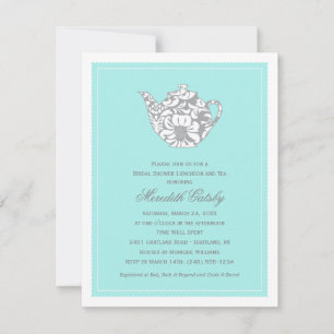 Aqua-Damask-Teekanne-Teeparty-Hochzeitsdusche Einladung