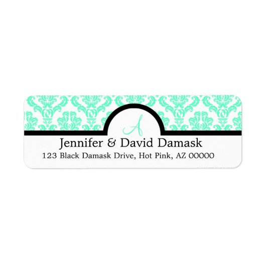 Aqua Damask Wedding Monogram Address Labels (Vorne)