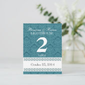 Aqua Damask Wedding Tischnummer Card Empfang (Stehend Vorderseite)