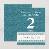 Aqua Damask Wedding Tischnummer Card Empfang (Vorne/Hinten)