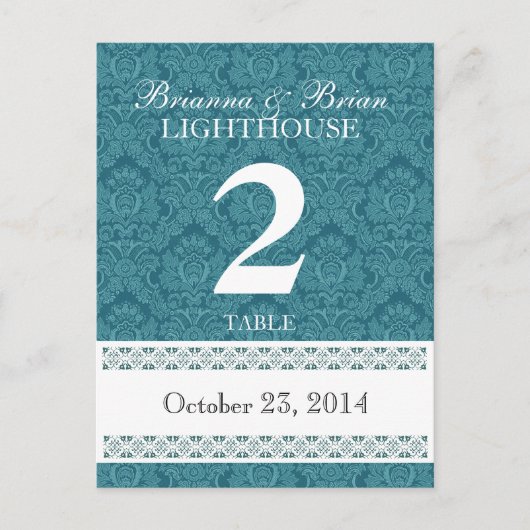 Aqua Damask Wedding Tischnummer Card Empfang (Vorderseite)