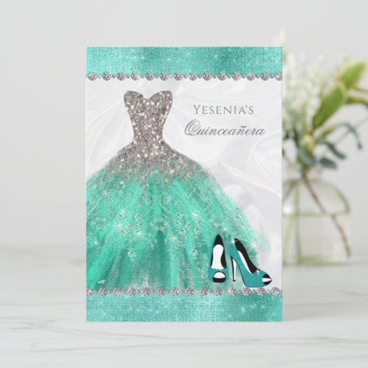 Aqua Diamond Sparkle Glitzer Quinceañera Einladung (Stehend Vorderseite)