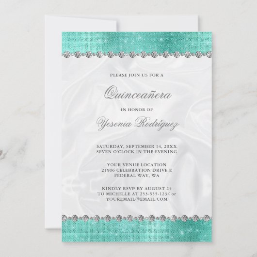 Aqua Diamond Sparkle Glitzer Quinceañera Einladung (Rückseite)