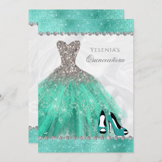 Aqua Diamond Sparkle Glitzer Quinceañera Einladung (Vorne/Hinten)