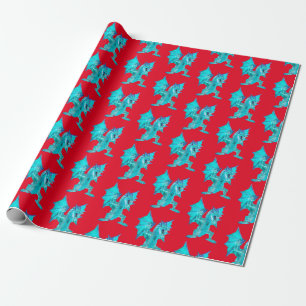 Aqua-Drache Fantasy Fabelwesen Rot Geschenkpapier