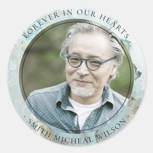 AQUA DUSKY BLAUE GOLD AGATE BEILEID MEMORIAL FOTO RUNDER AUFKLEBER (Vorderseite)