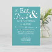 Aqua Eat Drink Erlangung Hochzeit im Hinterhof Einladung (Stehend Vorderseite)