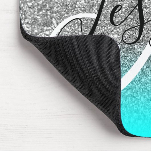 Aqua Edge Ombre Silver Glitzer Monogram Mousepad (Ecke)