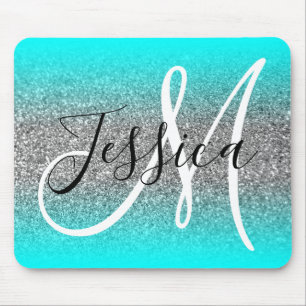 Aqua Edge Ombre Silver Glitzer Monogram Mousepad