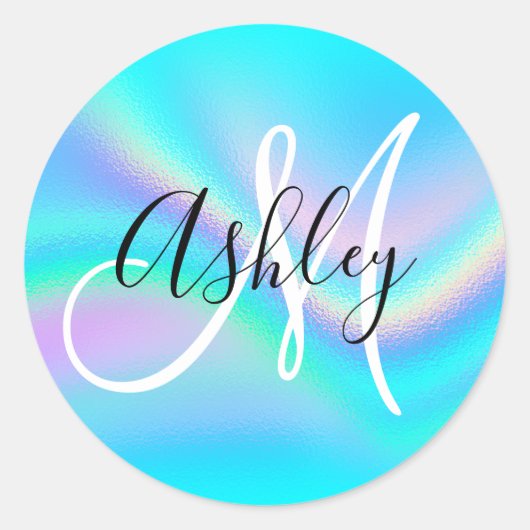 Aqua Edge Rainbow Wave Ombre Foil Monogram Runder Aufkleber (Vorderseite)