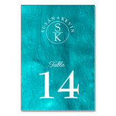 Aqua Elegance Hochzeit mit türkisfarbenem Wasser u Tischnummer (Rückseite)