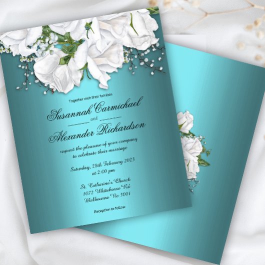 Aqua Elegance, White Roses Budget Hochzeit einlade Flyer