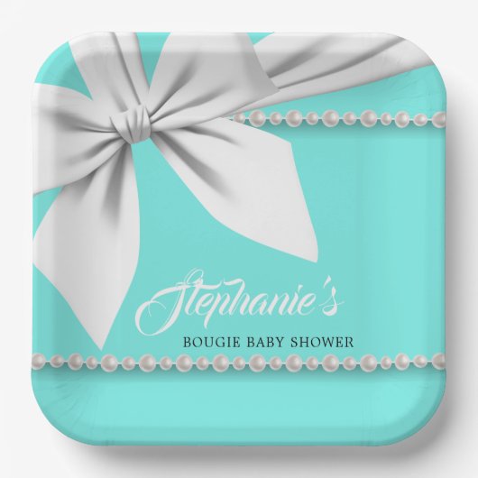 Aqua Elegant Tiffany Pearls Extravagant Baby Dusch Pappteller (Vorderseite)