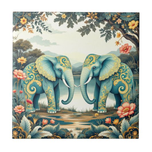 Aqua Elephants Keramik Tile Fliese (Vorderseite)