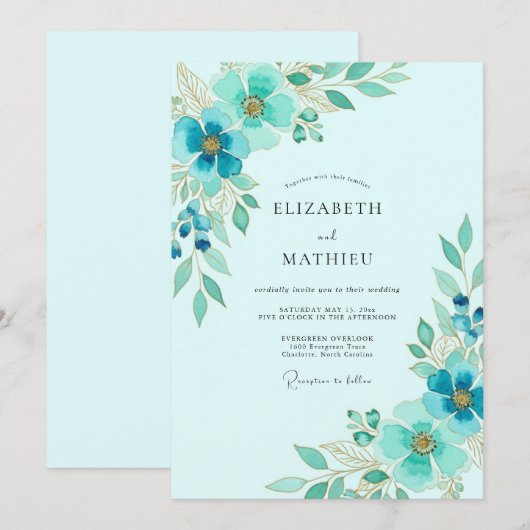 Aqua Ethereal Spring Wedding Einladung (Vorne/Hinten)