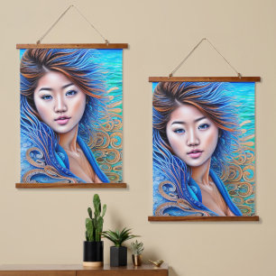 Aqua Fantasy Woman Blue Wave Abstrakte Kunst Wandteppich Mit Holzrahmen