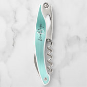 Aqua Faux Brushed Metal Monogram Script Kellnermesser (Rückseite)