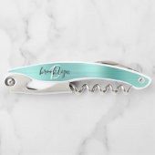 Aqua Faux Brushed Metal Monogram Script Kellnermesser (Vorderseite)