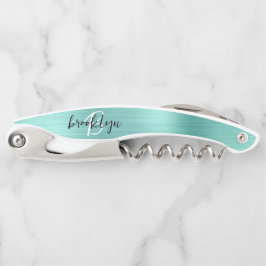 Aqua Faux Brushed Metal Monogram Script Kellnermesser