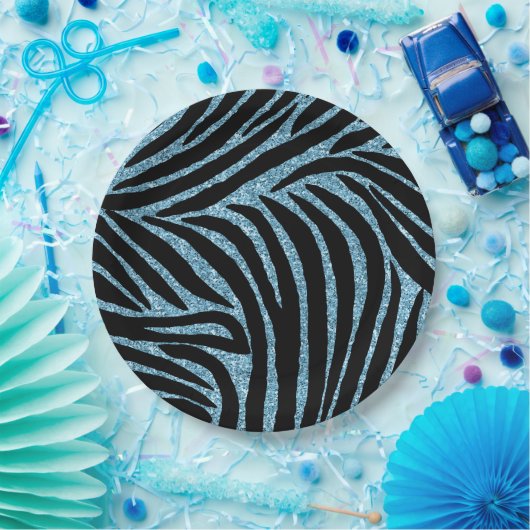 Aqua Faux Glitter Zebra Print Pappteller (Party)