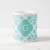 Aqua Floral Damask #3 Aqua Quatrefolie Monogram Jumbo-Tasse (Vorderseite)