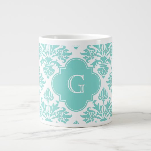 Aqua Floral Damask #3 Aqua Quatrefolie Monogram Jumbo-Tasse (Vorderseite)