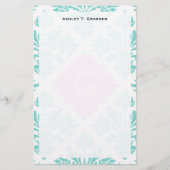 Aqua Floral Damask #3 Pink Quatrefolie Monogram Briefpapier (Vorderseite)