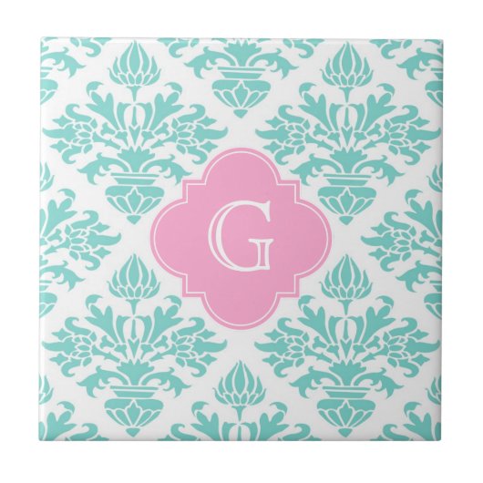 Aqua Floral Damask #3 Pink Quatrefolie Monogram Fliese (Vorderseite)