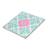 Aqua Floral Damask #3 Pink Quatrefolie Monogram Fliese (Seite)