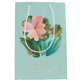 Aqua Floral "Happy Birthday" Geschenktasche - Papi Mittlere Geschenktüte