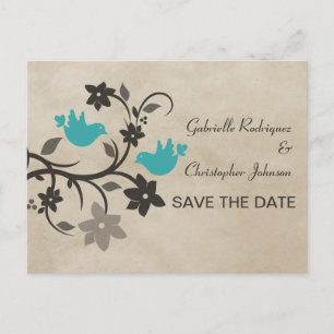 Aqua Floral Lovebirds Save the Date Postkarte