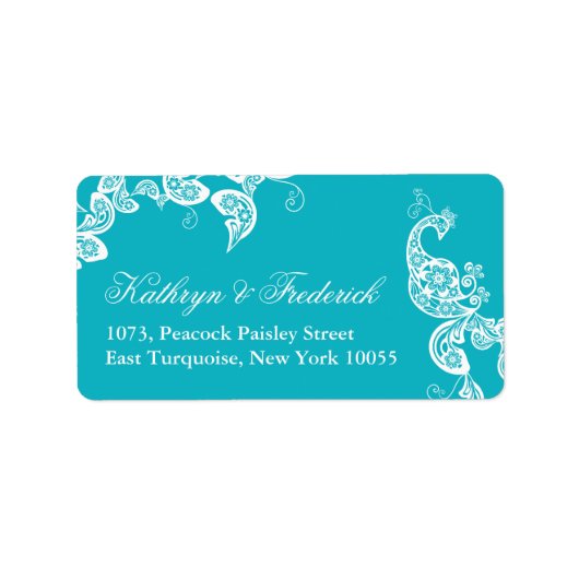 Aqua Floral Paisley Peacock Wedding Address Labels Adressaufkleber (Vorne)