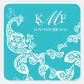 Aqua Floral Paisley White Peacock Gastgeschenk Hoc Quadratischer Aufkleber (Vorderseite)