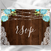 Aqua Floral Rustic Holz String Lights Wedding RSVP Postkarte