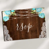 Aqua Floral Rustic Holz String Lights Wedding RSVP Postkarte