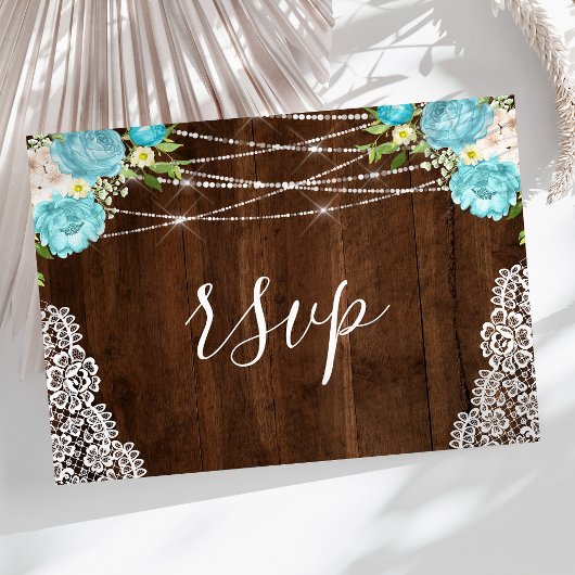 Aqua Floral Rustic Holz String Lights Wedding RSVP Postkarte