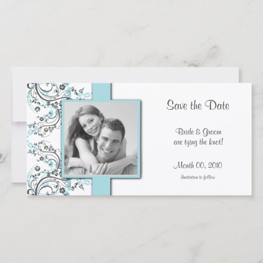 Aqua Floral Save the Date Foto Cards (Vorderseite)