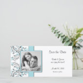Aqua Floral Save the Date Foto Cards (Stehend Vorderseite)