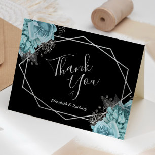 Aqua Floral Silber Geometrisch Schwarze Hochzeit Dankeskarte