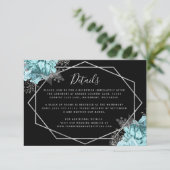 Aqua Floral Silver Black Wedding Details Begleitkarte (Stehend Vorderseite)