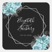 Aqua Floral Silver Geometric Black Wedding Quadratischer Aufkleber (Vorderseite)