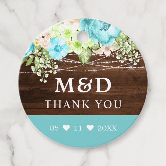 Aqua Floral String Lights Rustic Vielen Dank Hochz Geschenkanhänger (Vorderseite)